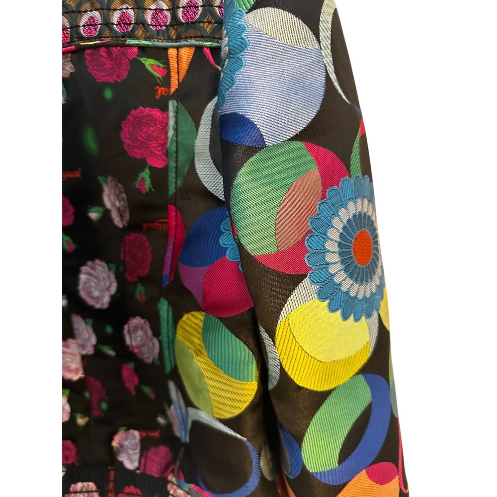Desigual Jacket W. 40 Black Multi Color Floral Embroidered Moto Bomber Full Zip - Picture 12 of 13